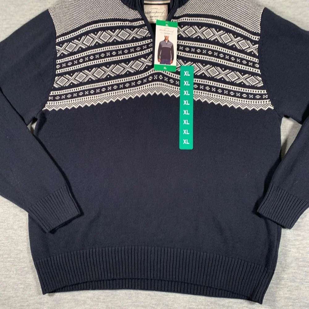 Weatherproof Vintage Sweater Mens XL Navy‎ Fair Isle 1/4 Zip Mock Neck Pullover